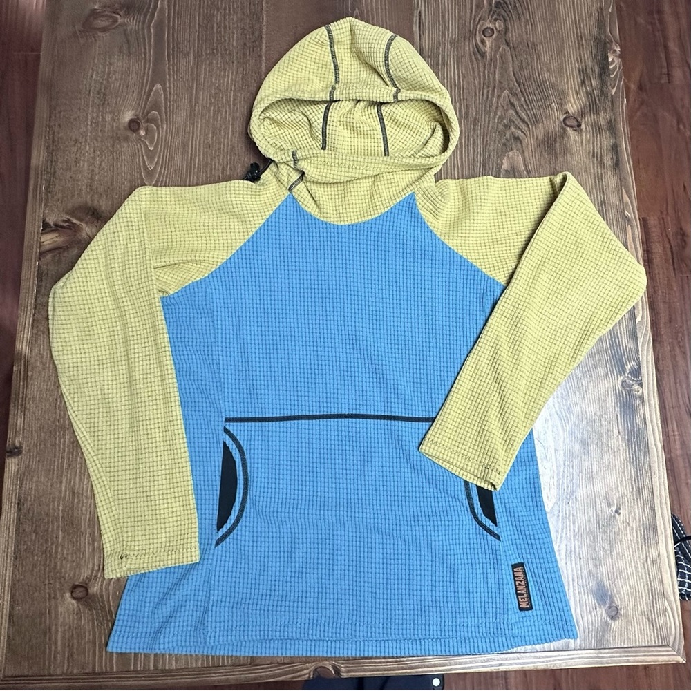 Melanzana Microgrid Hoodie Yellow and Dusty Blue Hooded Top size small